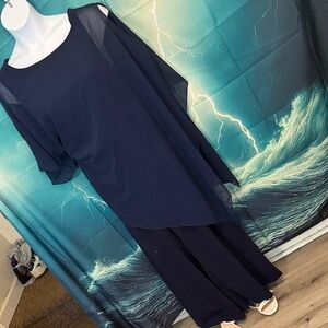 Women’s Navy Wide-Leg Jumpsuit with Sheer Cape Overlay